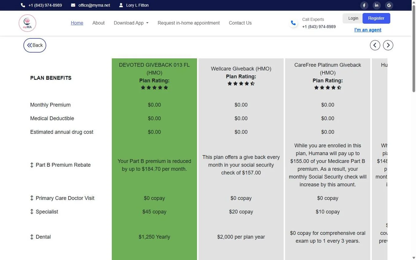 myMA plan comparison grid showing real Medicare Advantage plans